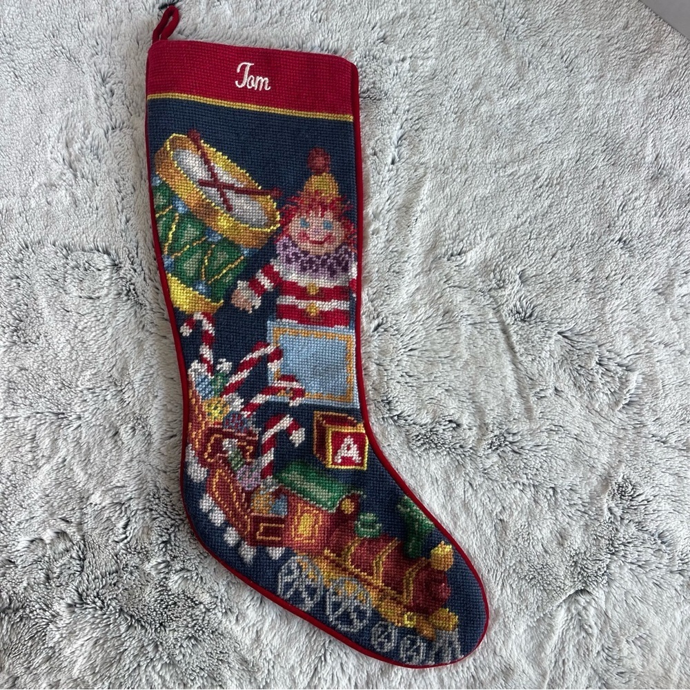 VNTG Needlepoint Personalized Red & Navy Holiday Stocking with Toy Train Design